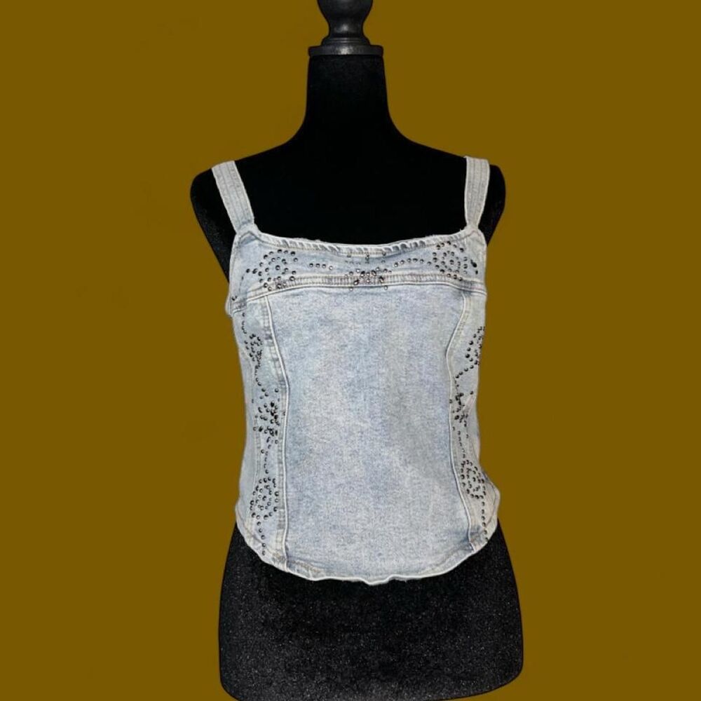 Forever 21 Studded Denim Corset Top Light Wash Y2K Size M